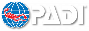 Logo of PADI, featuring a red scuba diver silhouette against a blue globe on the left, with large white lettering "PADI" to the right.